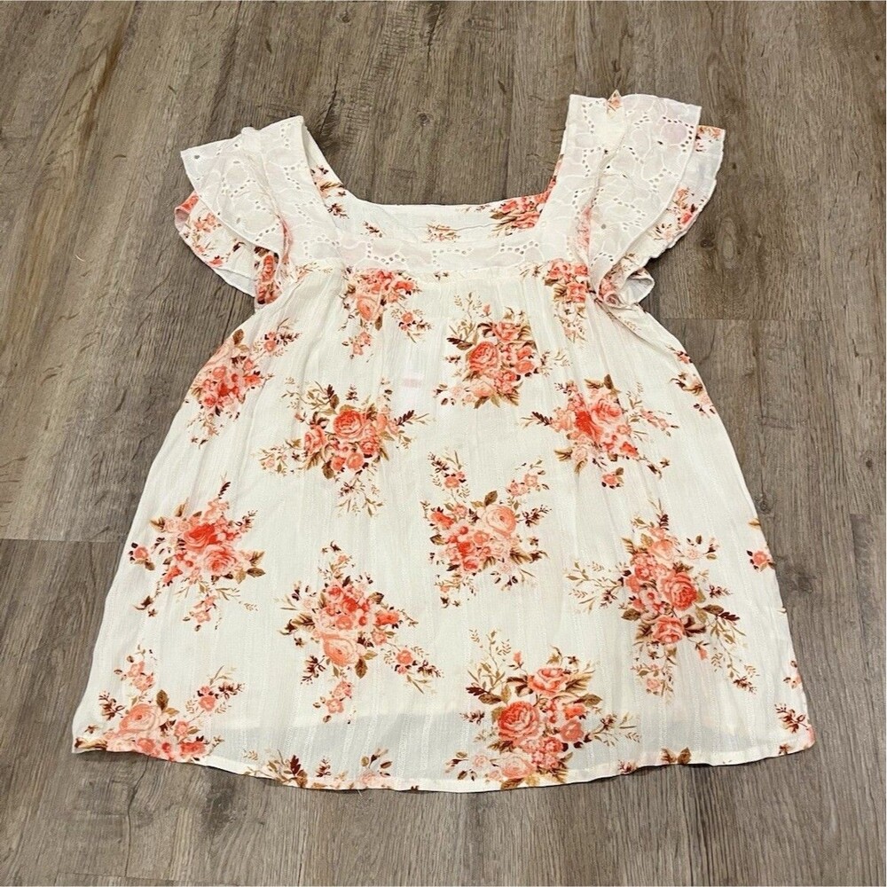 Thread & Clover White Pink Floral Eyelet Ruffle Sleeve Tunic Top Size S
